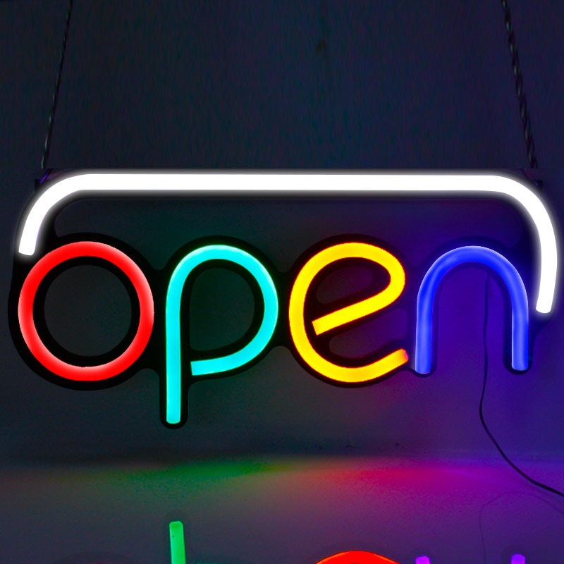 Letreros abiertos de neón para tienda de negocios, letreros de estilo abierto con 4 letras de color y blanco/flahing LED de borde, , 5 uds./cartón