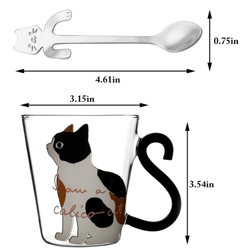Tazas de vidrio de dibujos animados gato lindo taza de agua con cuchara agitadora desayuno tazas de leche taza de té y café resistente al calor niñas Drinkware