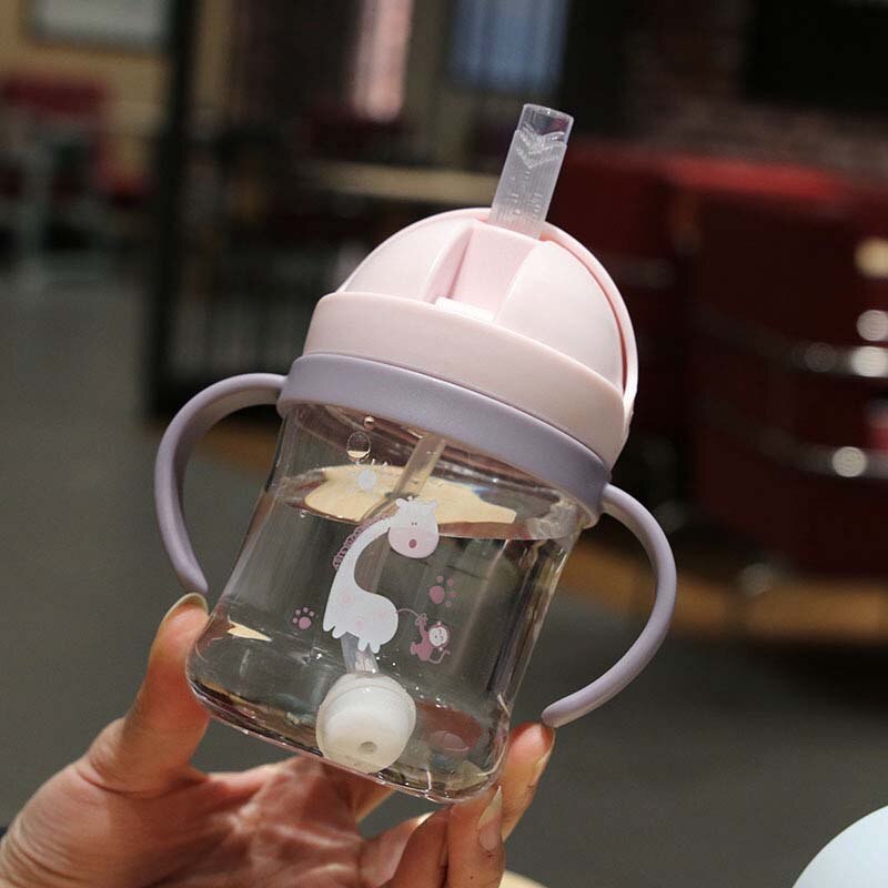 350ml Baby Feeding Cup with Straw Children Learn Feeding Drinking Bottle Kids Training Cup With Straw Taza De Bebe: 250ml Pink Handle