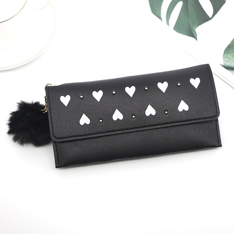 Wallet For Women Retro Rivet Hasp Long Ladies Wallet Card Purse PU Leather Wallet With Fur Ball Ornaments Phone Bag: Black-B