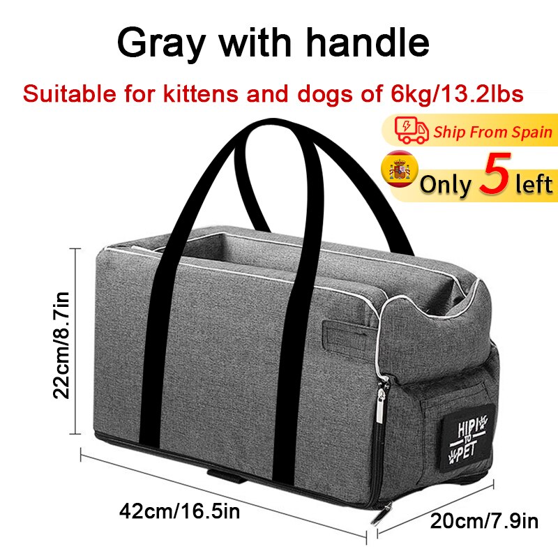 Asiento de coche portátil para mascotas, compartimento de reposabrazos para coche, cama Perrera de refuerzo, antideslizante, para perros pequeños, gatos y viajes: Gray with handle