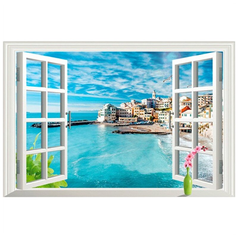 Outside the window sea view mural water city landscape 3d vinyl wall stickers home decoration scenery poster wallpaper 90*60cm