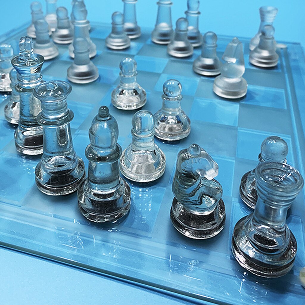Exquisite Glass Chess Game Set, Solid Glass Chess Pieces and Crystal Mirror Chess Board for Young Adults