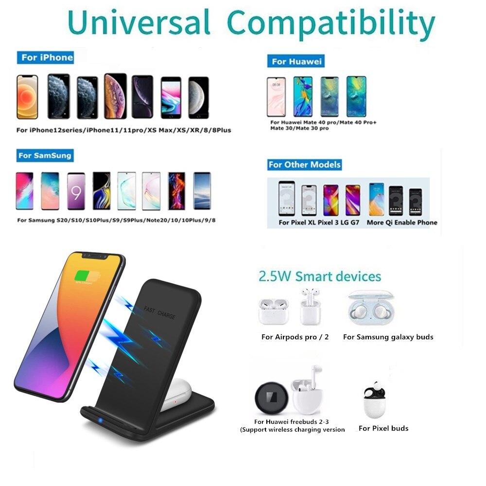 FDGAO Qi Inductive Wireless Charger 15W QC 3.0 Fast Charging Station for iPhone 12 11 XR XS X 8 Plus Samsung S20 S10 Galaxy Buds