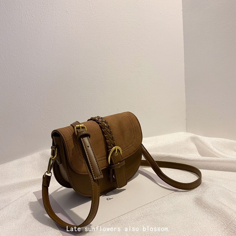 Small bag women's autumn / winter frosted messenger bag net red retro semicircle saddle bag: Brown