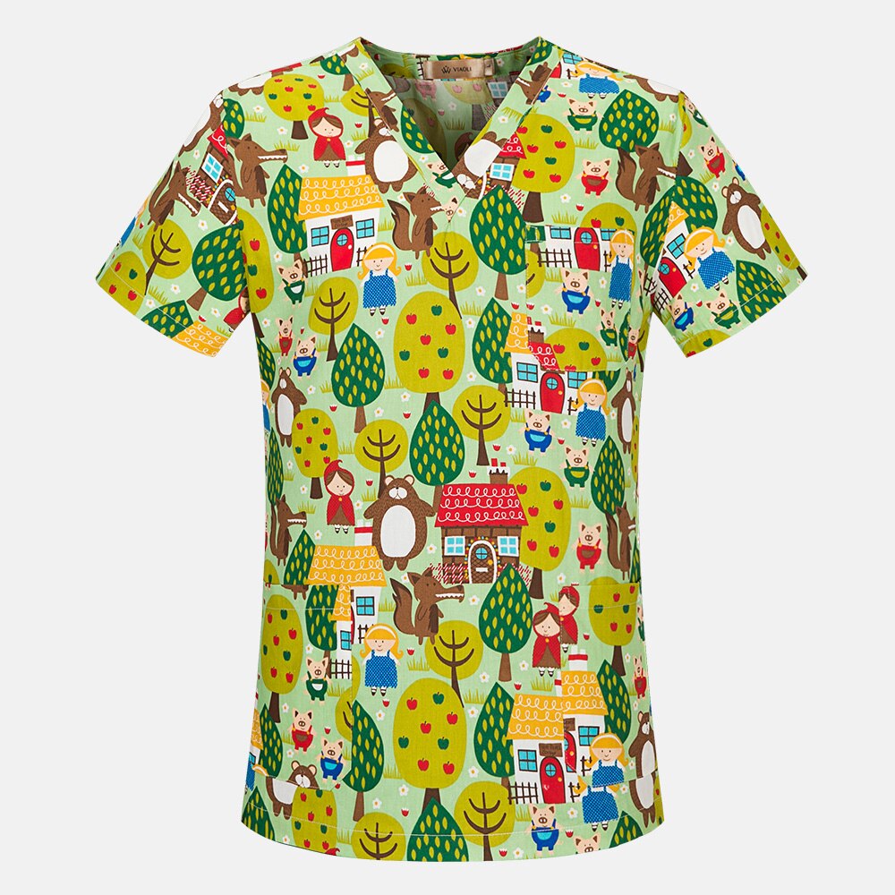 Ren bomuld print behagelig åndbar spa uniform scrub dame arbejdstøj top + justerbar tegneserie tryk scrub cap: Top / Xxl