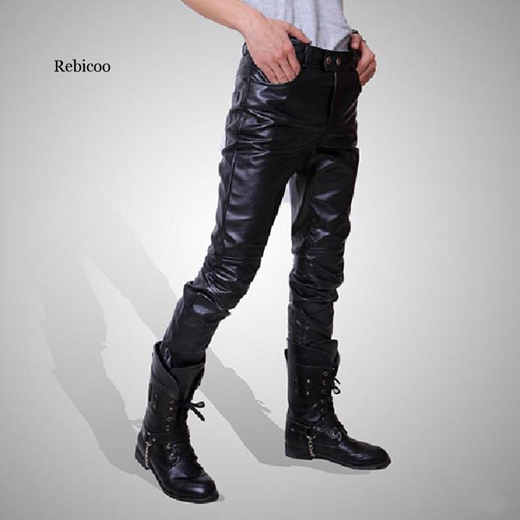 Mænd skinny imiteret læder fritidsbukser sorte pu skinnende bukser sangere club performance on stage danser jeans plus forhandling