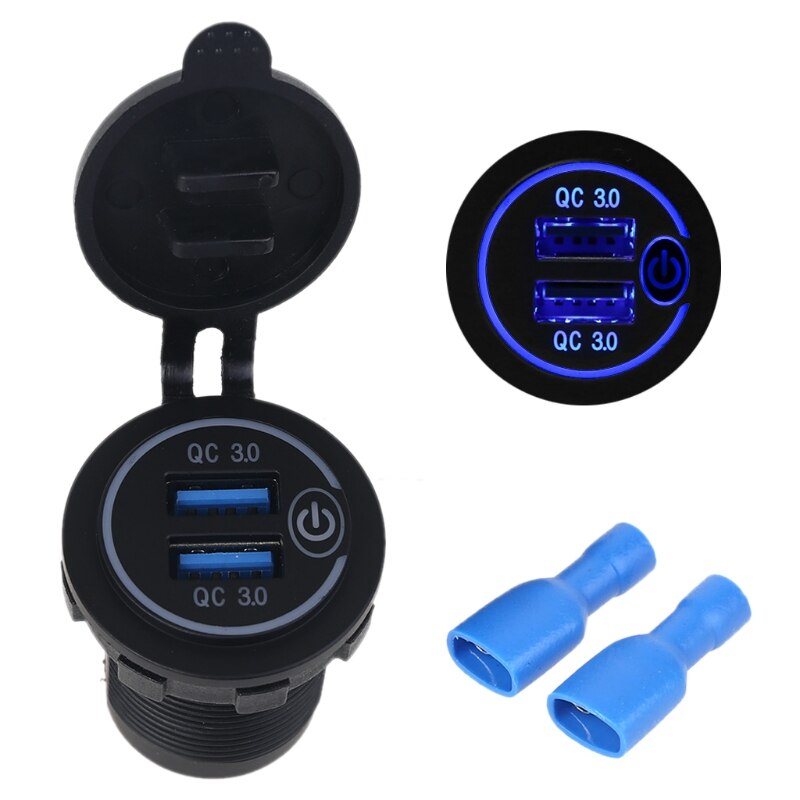 Carregador automotivo usb, adaptador à prova d'água, 12v, 24v, dual, qc3.0, com interruptor touch liga/desliga, luz led para telefone móvel, gps, caminhão, suv, barco, ônibus: Blue