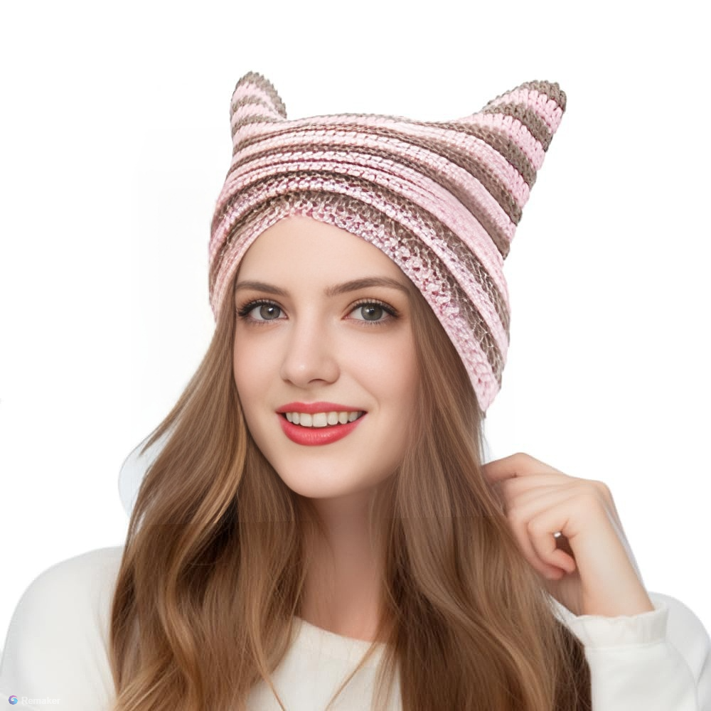 Corchet Cute Cat Ears Beanie Hat for Women Winter Striped Korean Y2K HipHop Cosplay Knitted Streetwear Men Skullies: Pink
