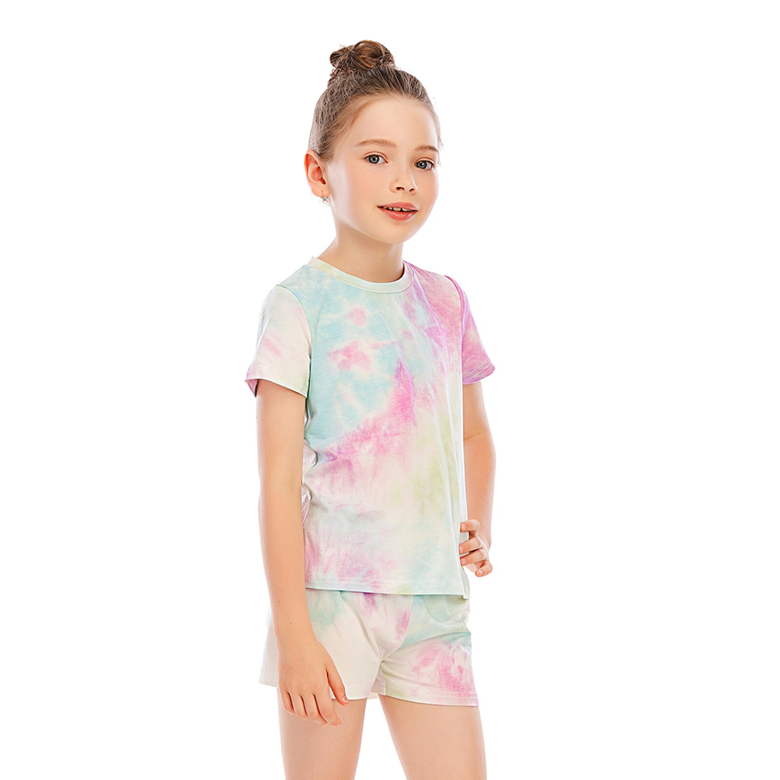 Sommer Baumwolle Homewear Nachtwäsche binden Farbstoff Kurzen Ärmeln oben und kurze Hose verlieren Outfit freundlicher Mädchen Sport Anzug setzt
