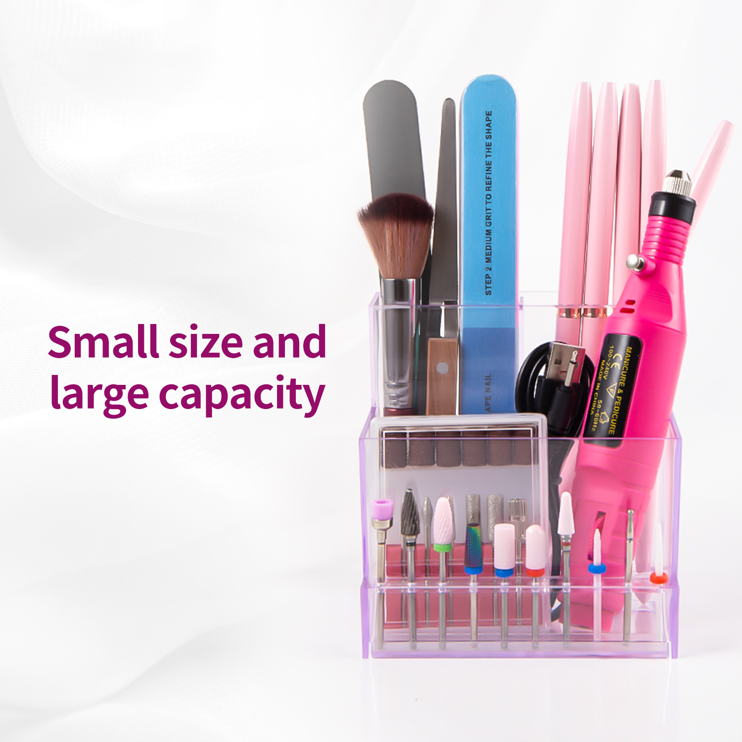 Taladro de uñas translúcido, organizador de productos para uñas, organizador de suministros, brocas para uñas, almacenamiento acrílico de 3 filas, herramientas para uñas, estante de exhibición