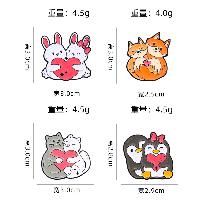 4 Stuks Cartoon Dierenhartliefhebbers Emaille Pin Creatieve Pinguïn Kat Konijn Vos Metalen Broche Badge Rugzak Kleding Hoed Accessoires