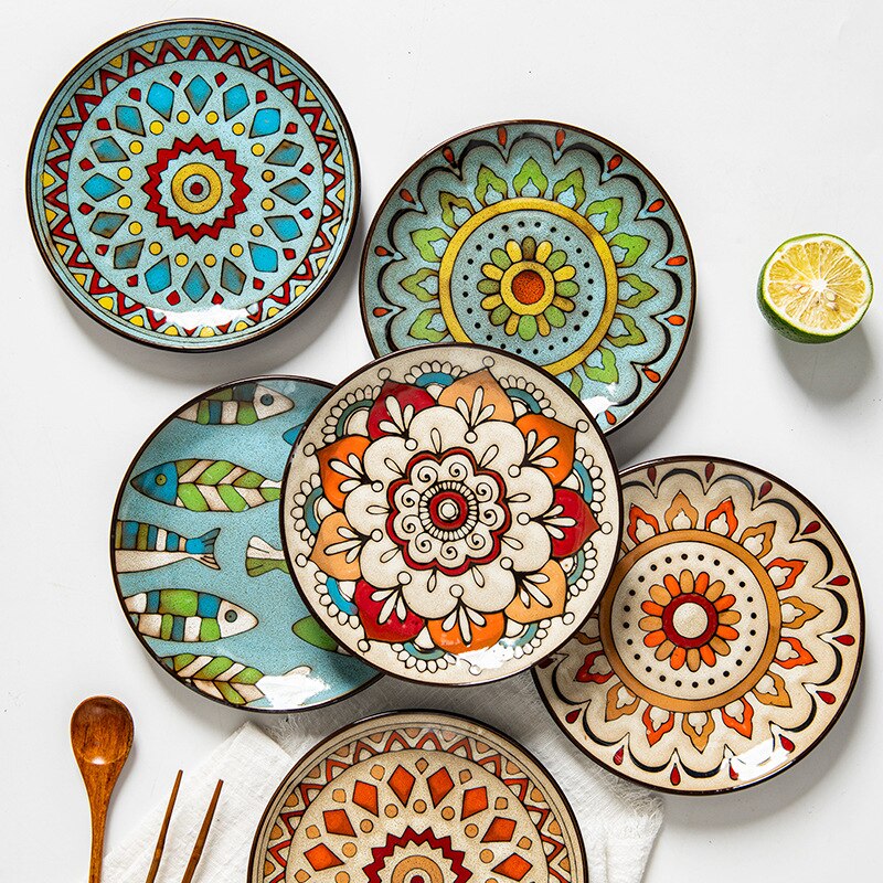 Vajilla de cerámica de 8,5 pulgadas, plato redondo Retro hecho a mano con patrón de flores literarias, para desayuno, carne, Pasta, disco principal, suministros de cocina