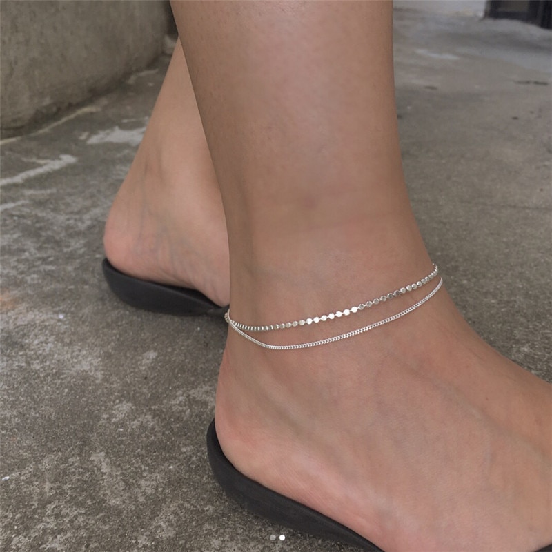 POFUNUO 925 Sterling Silver Women Simplicity Anklets Double Layered Delicate Feet Fine Jewelry Ankle Bracelet Summer Cool Anklet