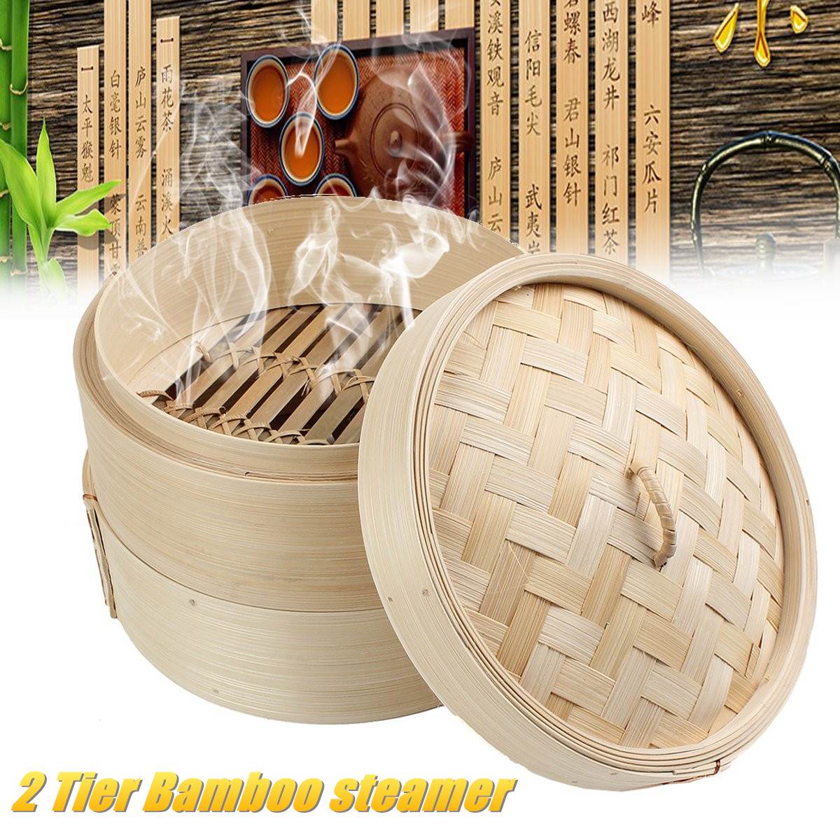 2 Tier Koken Bamboe Stoomboot Voor Voedsel Dumplings Vis Rijst Groente Handgemaakte Stoomboot Mand Lade Thuis Keuken Koken Tool