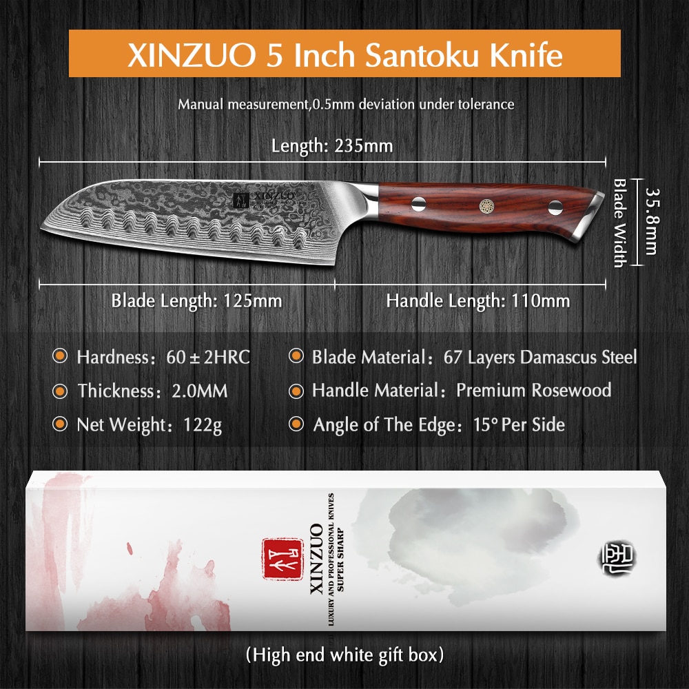 Xinzuo 5 '' tommer santoku kniv damaskus  vg10 stål køkkenkniv pro meget skarpe japansk stil kokkeknive med palisander håndtag