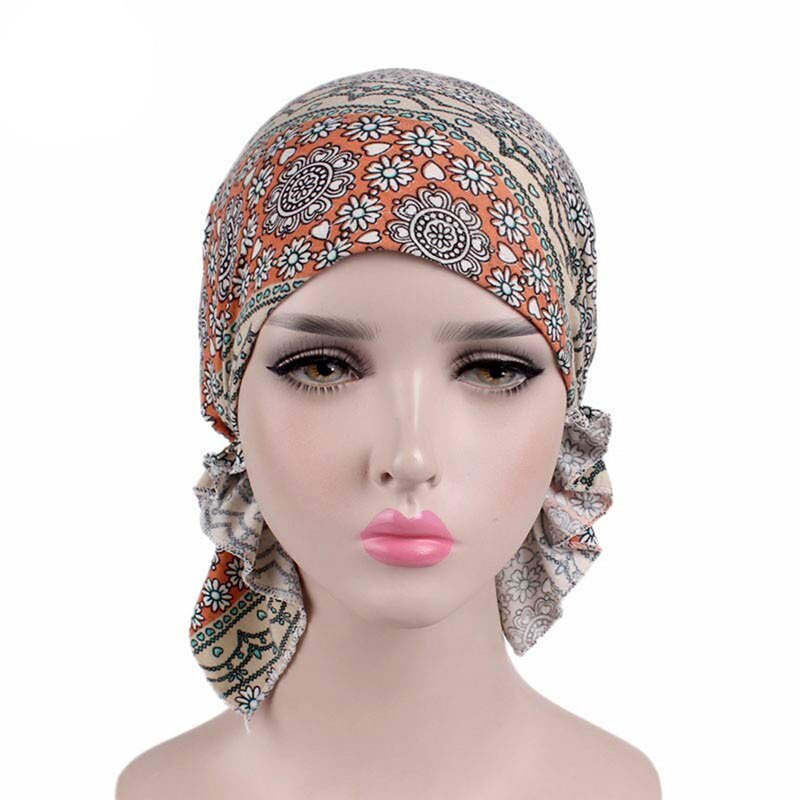 Women Feather-print Turban Hat Long Hair Hat Night Sleep Cap Lady Hair Care Bonnet Headwrap Muslim Hat Indian Hat
