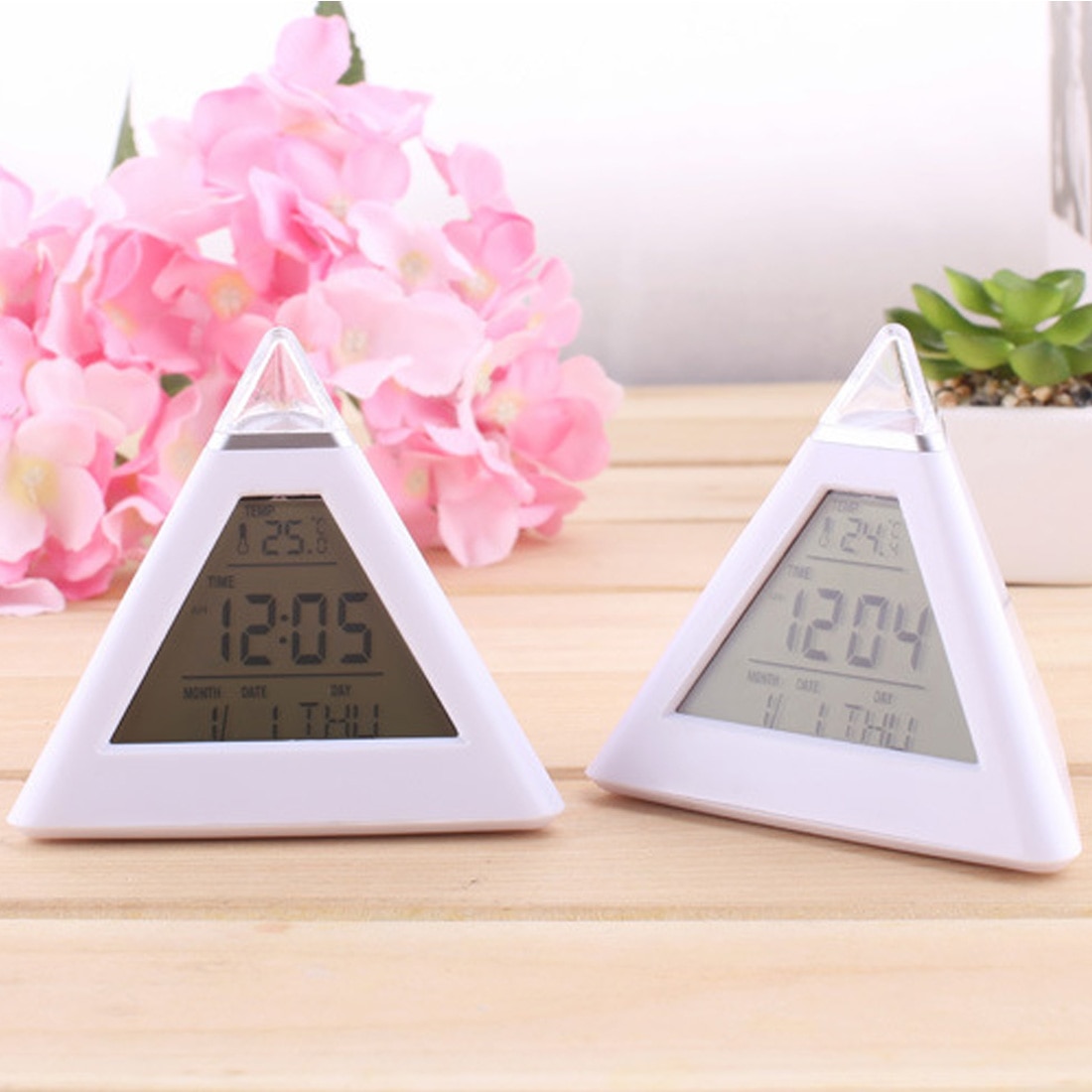 Pyramid Shaped Digital Multifunction Color to change LED Light Table Desktop Snooze Triangle Alarm Clock Despertador