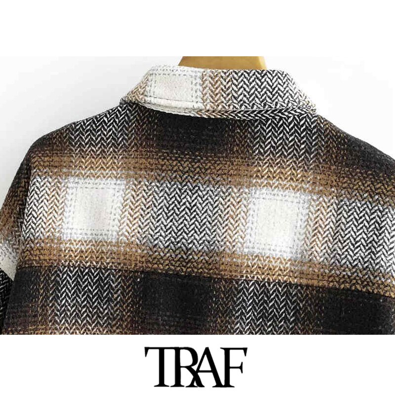 TRAF-Chaqueta de lana a cuadros para mujer, chaqueta holgada de lana de gran tamaño con bolsillos y manga larga, Estilo Vintage