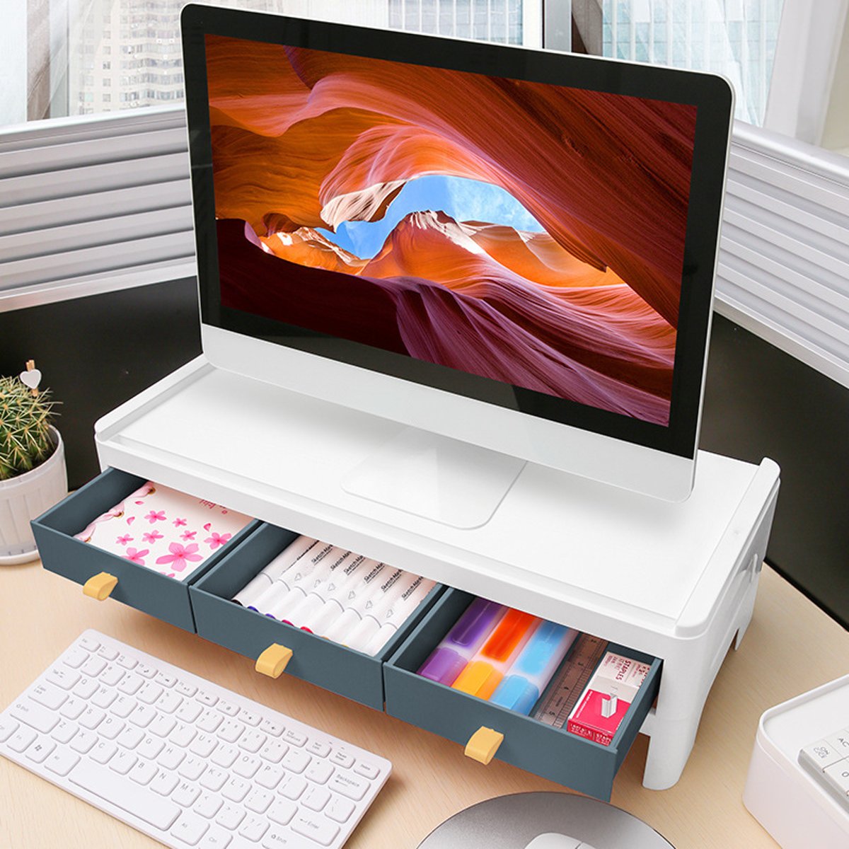 2Tiers Monitor Riser Stand Desk Shelf with Drawer Keyboard Storage Stylish White Pen-Books Stationery