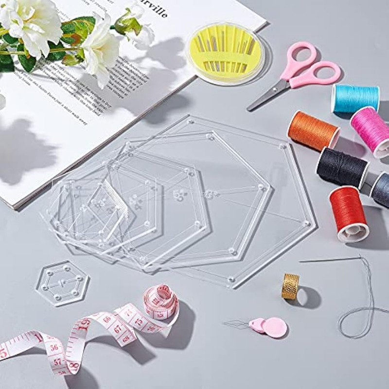 Plantilla de acolchado hexagonal de 6 piezas, placa de presión transparente (agujero: 3 mm) con 6 tamaños mixtos