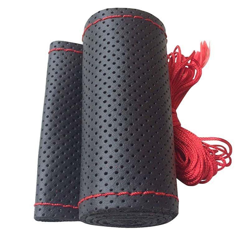 Hand Naaien Stuurhoes Microfiber Leer Zweet-Absorberend Ademend Auto Stuurhoes:  Black red 38cm