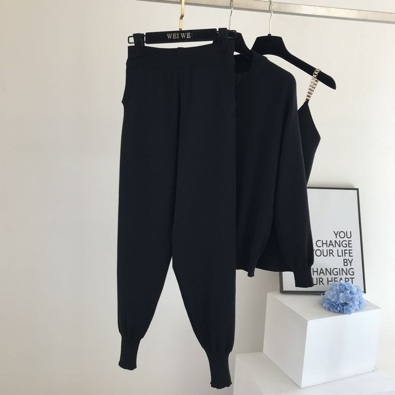 Fionto damespak herfst casual gebreide trui driedelige set productketen vest gebreid jasje + elastische broek