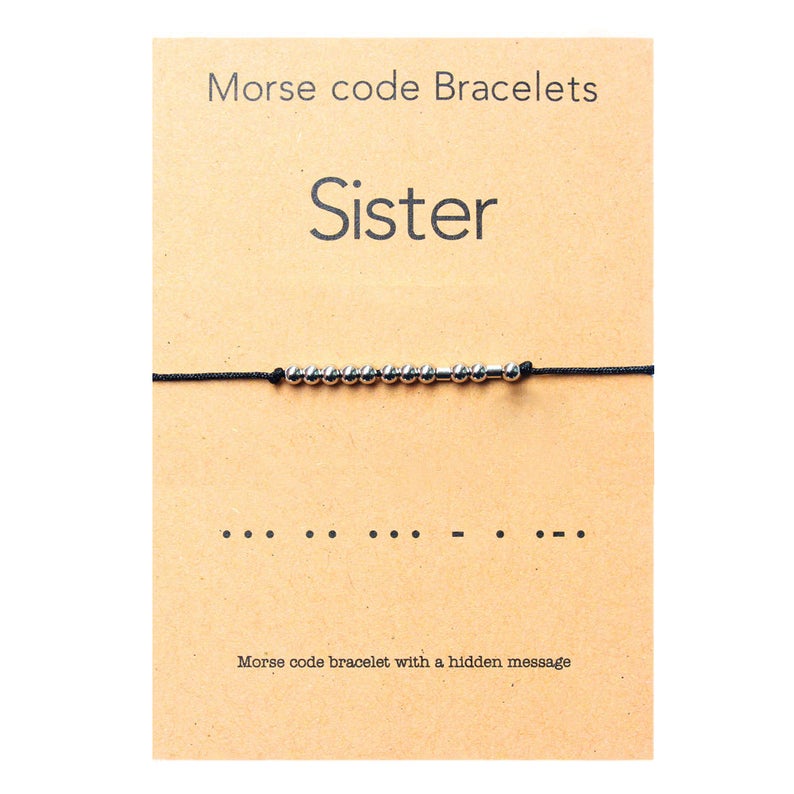 Søster morse kode armbånd rustfrit stål perler på silkesnor, altid min søster, altid min ven - perfekt søster fødselsdag idé