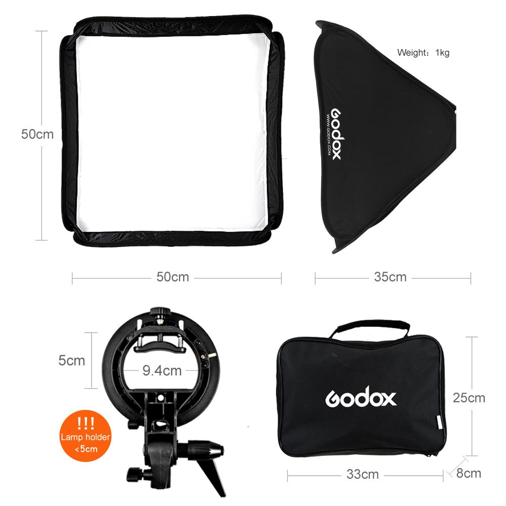Godox Pro Adjustable 50cm x 50cm Flash Soft Box Kit with S-Type Bracket Bowen Mount Holder for Camera Studio Photograph