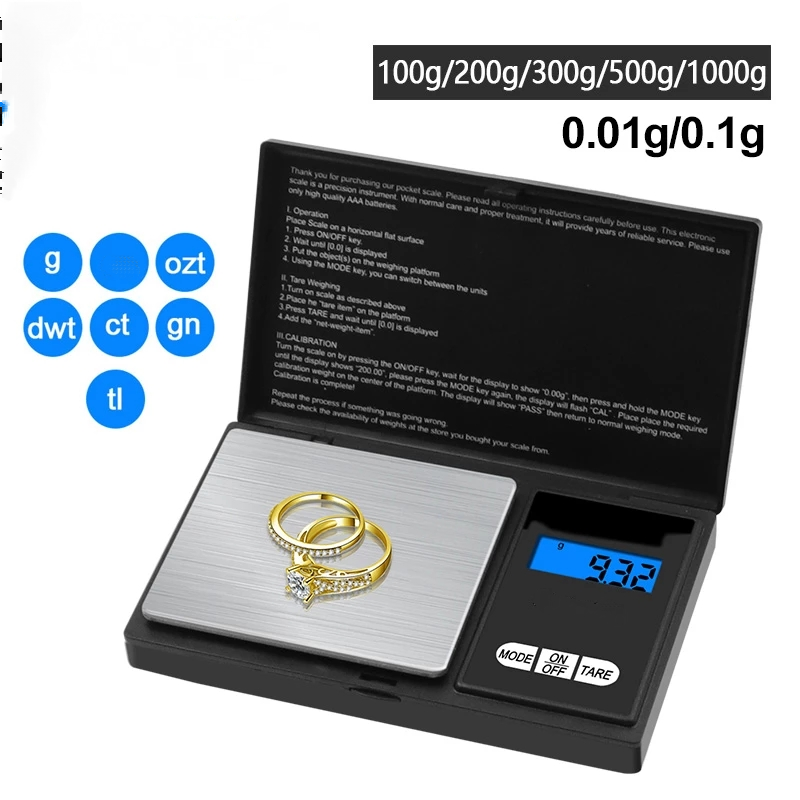 Mini-Elektronikwaage, Taschen-Digitalwaage für Gold, Sterlingsilber, Schmuckwaage, Präzisionswaage, 200/500 g x 0,01 g/1 kg x 0,1 g