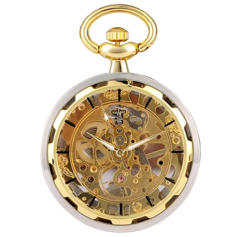 Bronzen mechanisch handopwindbaar zakhorloge voor heren dames Steampunk open gezicht gouden skelethok met hanger ketting cadeau