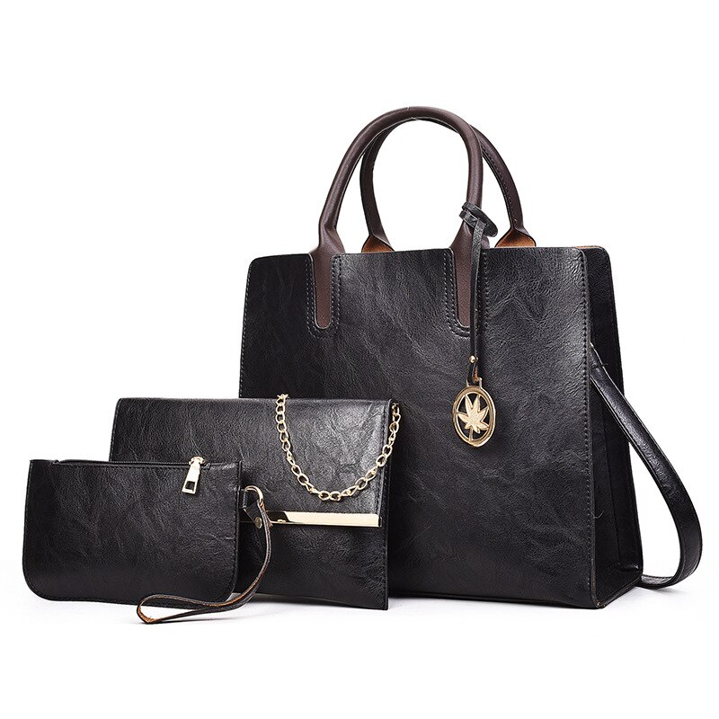 Herold Frauen Taschen einstellen 3 Stck Große lässig Tote Taschen Leder Weibliche Schulter Tasche Damen Handtasche + Umhängetasche + geldbörse Sack: Schwarz