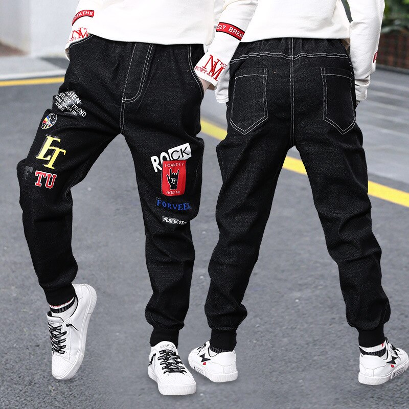 Boy Jeans Spring Autumn Children Letter Print Elastic Mid Waist Pocket Trousers Kid Pants For 3 4 5 6 7 8 9 10 11 12 13Y: 120CM