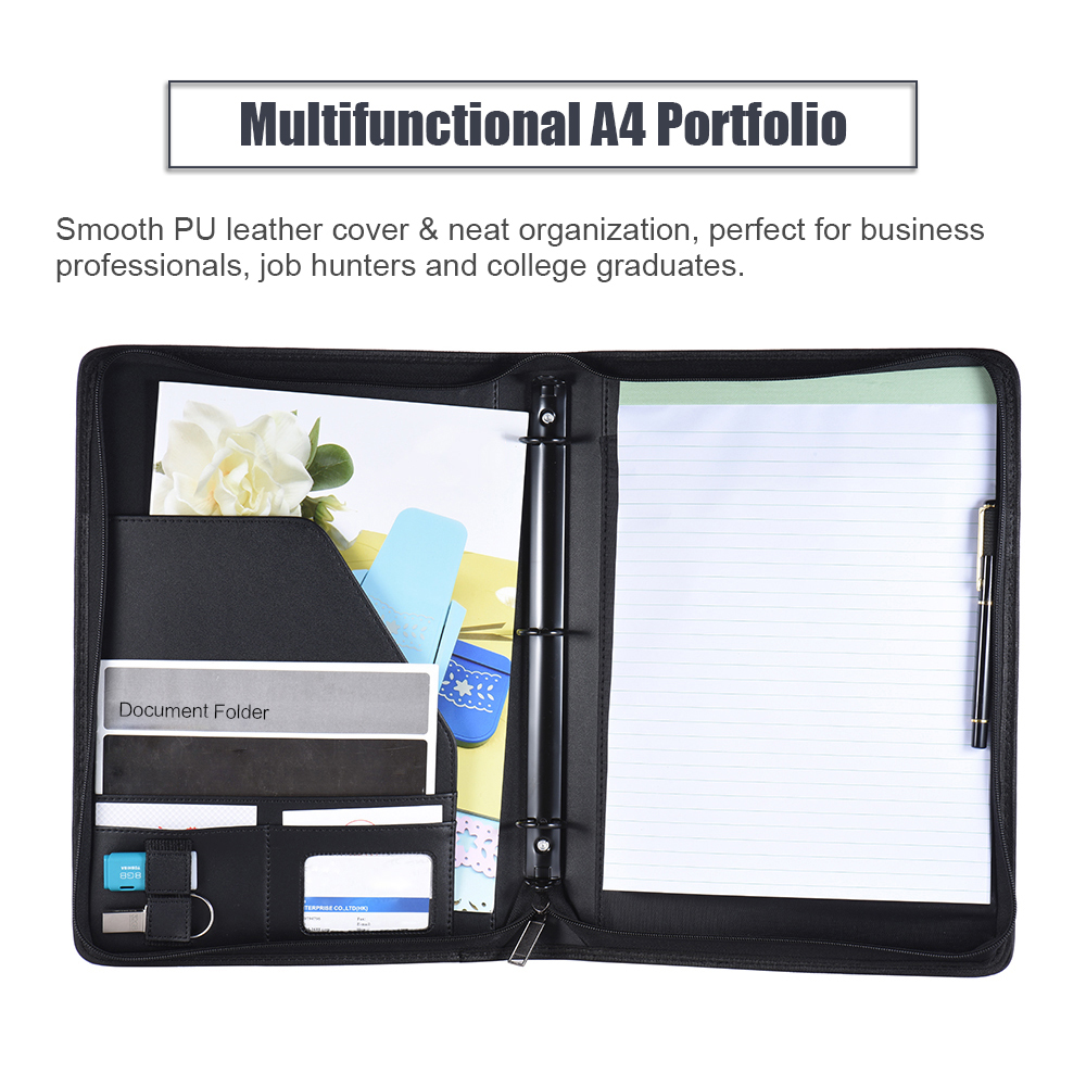 A4 PU Leather Document Folder Office Supplies Business Portfolio Padfolio Folder Document Case Organizer Zippered Closure