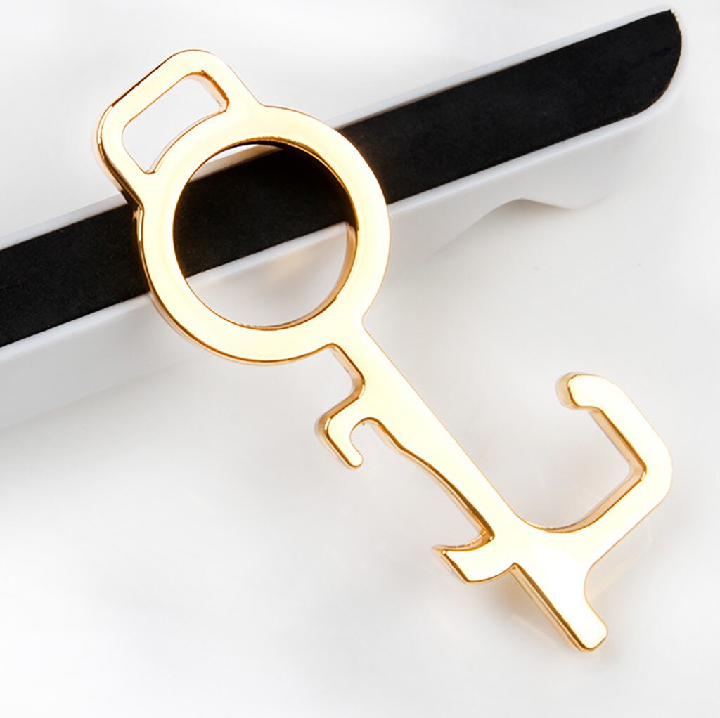 No Touch Open Door Assistant Portable Hygiene Hand Alloy Edc Door Opener Elevator Door Handle Key Contactless Key Door Opener: Gold