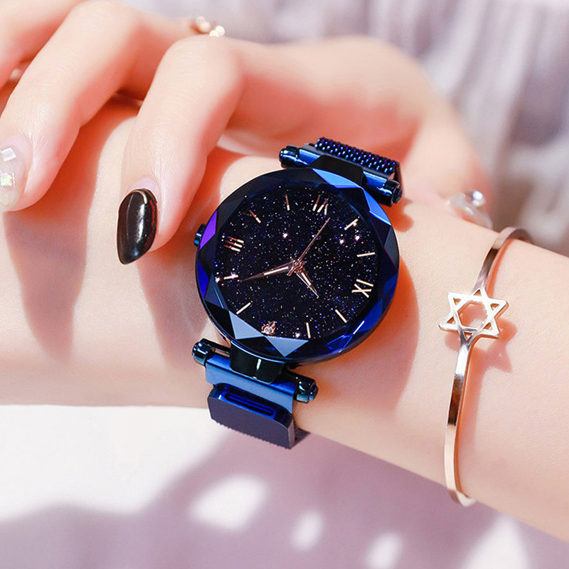 Womens Watch Femme Starry Sky Watches Stainless Steel Mesh Magnet Strap Quartz Watch for Sisters Girlfriend