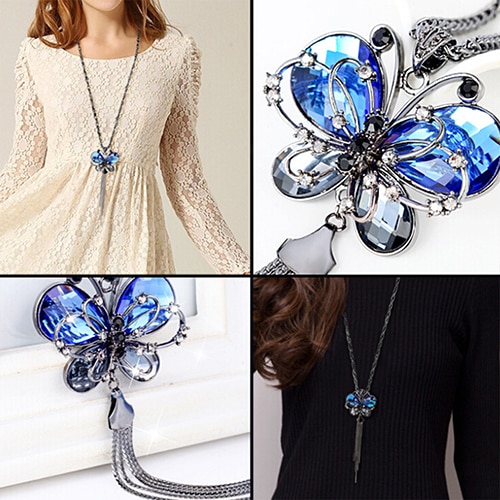 Women's Butterfly Pendant Tassels Rhinestone Long Sweater Chain Necklace Jewelry Leader' Choice