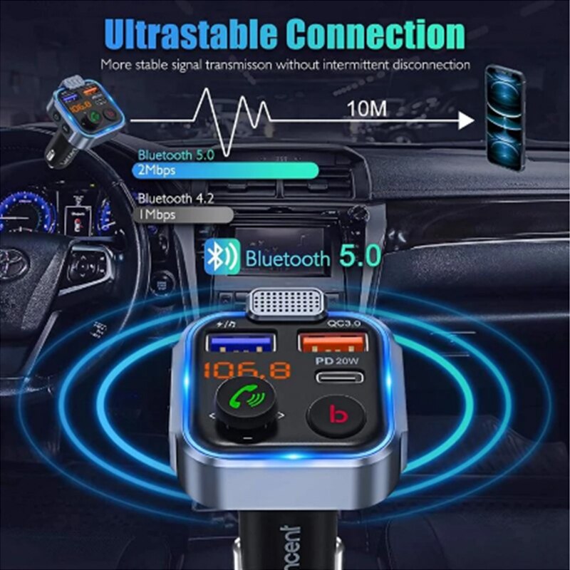 Lencent Bluetooth 5.0 FM Transmitter Car Music Player Deep Bass Hi-Fi Audio Bluetooth Radio Adapter Dual USB 20W Fast Charging