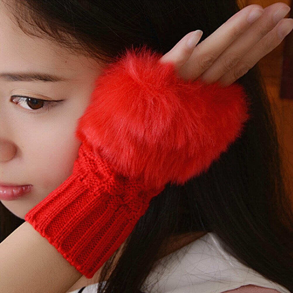Kvinder damer vinter varm armopvarmere søde pels solid strikkede vanter: Burgunder