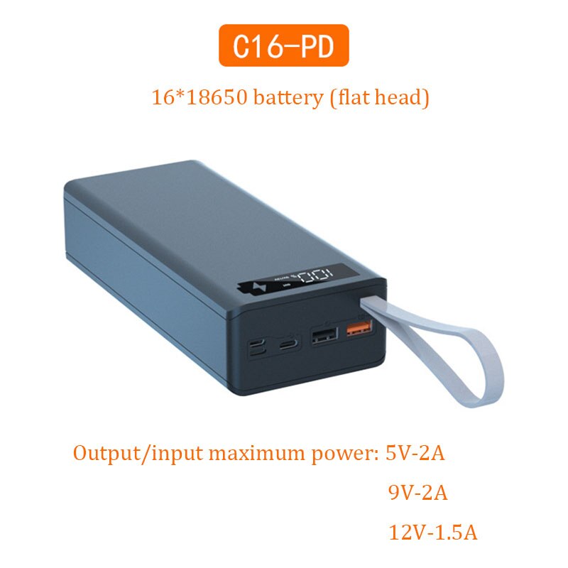 Caja de cargador de batería desmontable de 16x18650, carcasa de Banco de energía artesanal, soporte de carga rápida e inalámbrica, funda de Banco de energía sin batería: Quick Charger Black