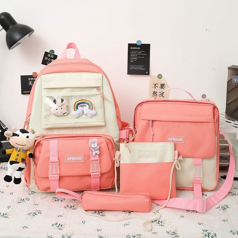 4 unids/set de lona mochilas para mujeres lindo bolsas para la Escuela de las niñas adolescentes bolsas los estudiantes mochilas para mujer mochila: Rosa / Only backpack
