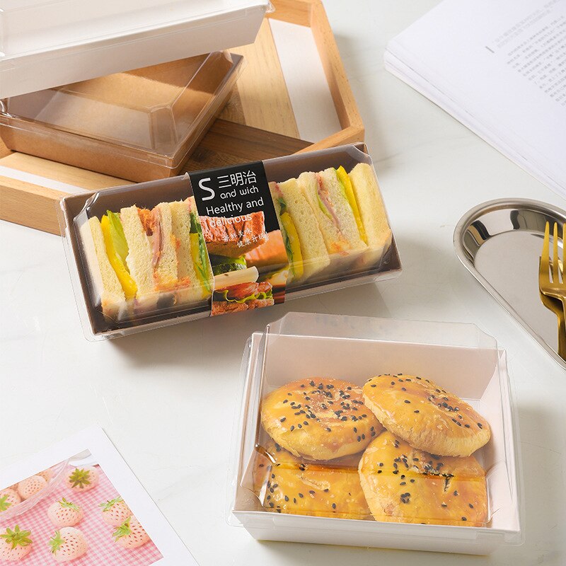 10pcs Rectangular/Square Kraft Paper Box Sandwich Wrapping Boxes With Plastic Clear Lids Cake Bread Snack Bakery Food Packing
