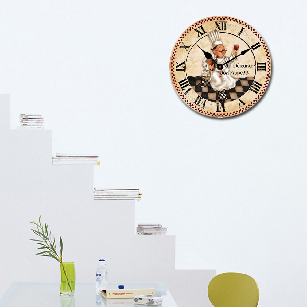 12 Inch Chef Wine Round Wall Wooden Clock,modern Silent &amp; Non-Ticking Large Shabby Chic Rustic Kitchen Wall Clock