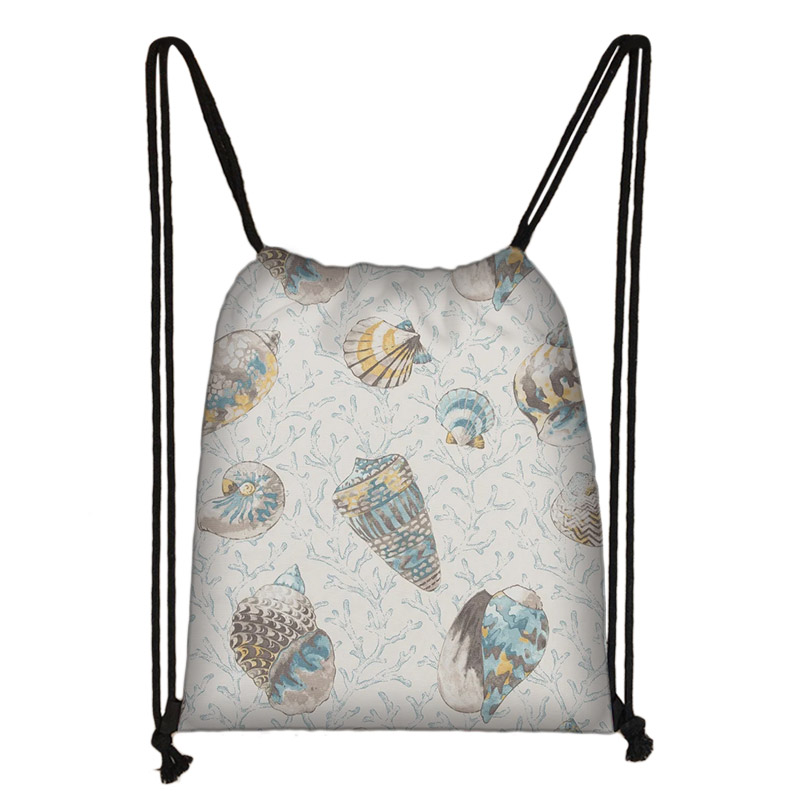 Zee Conch Tekening Afdrukken Trekkoord Tas Vrouwen Opbergtas Jongens Meisjes Casual Fish Zeester Patroon Reistassen Boekentas: skdconch06