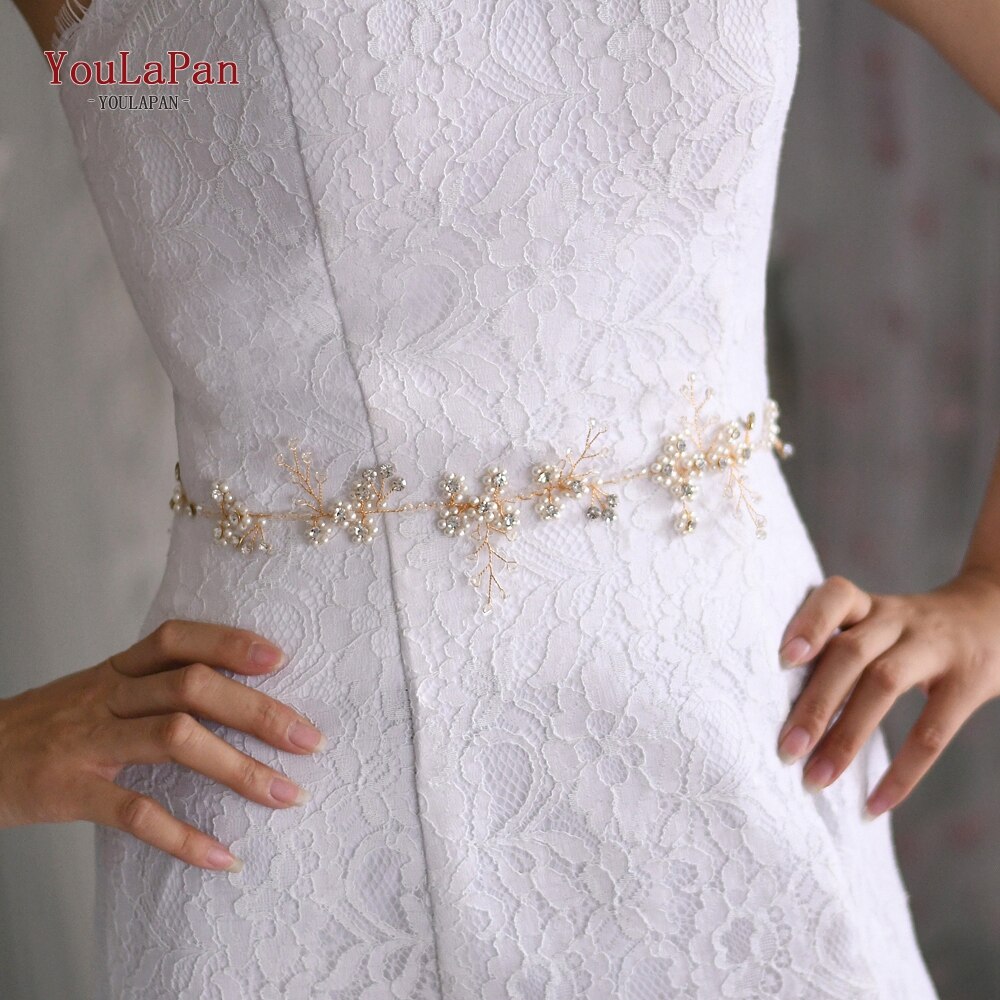 TOPQUEEN SH129 Goldene Hochzeit Kleider Gürtel Womens Perle Gürtel Kristall Braut Schärpe Hochzeit Gold Gürtel mit Perlen Dünne Braut Gürtel
