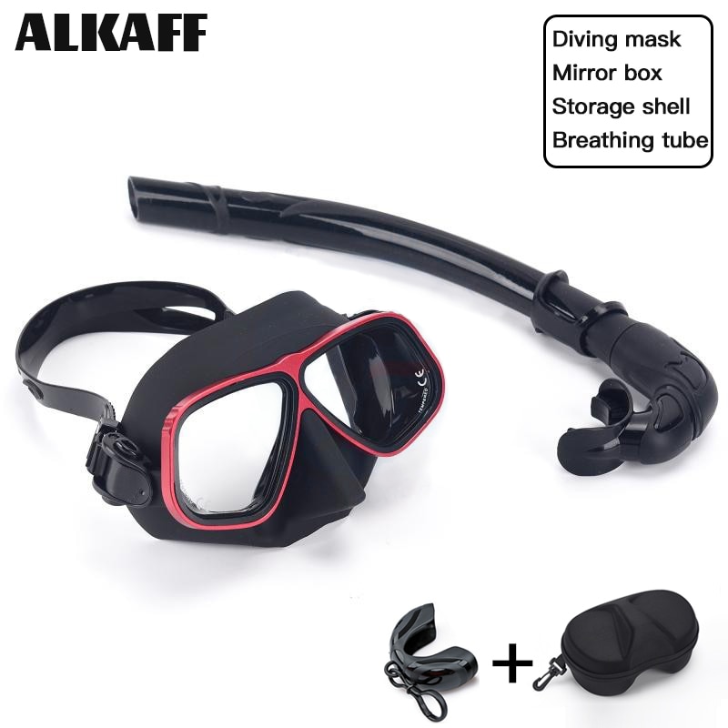low volume free diving mask Alloy frame scuba diving equipment Snorkel goggles Toughened glass for free dive: Black red suit