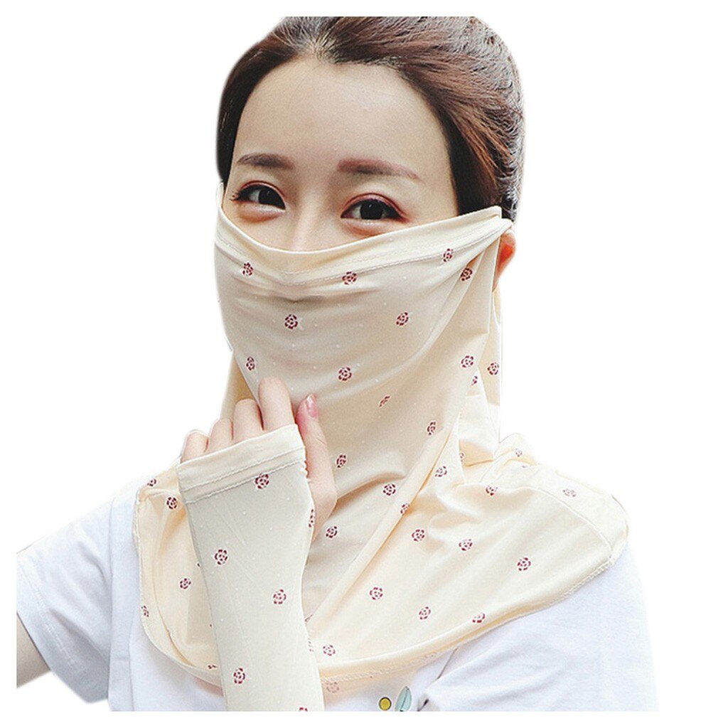Novedad de verano de máscara cortaviento bufanda de las mujeres pantalla solar Casual cuello bufanda máscara impresión delgada pañuelos envoltura al aire libre suave chales: Beige