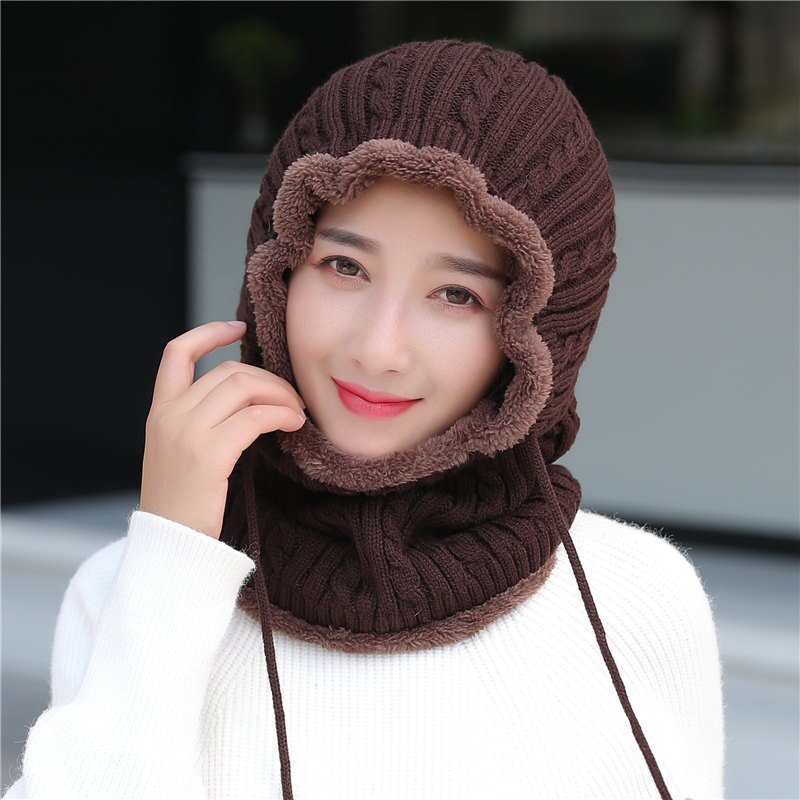 Unisex Winter Knitted Hat Neck Protection Beanie Cap Add Fur Lined Warm Hats For Men Women Balaclava Cap Windproof warm hat: Auburn