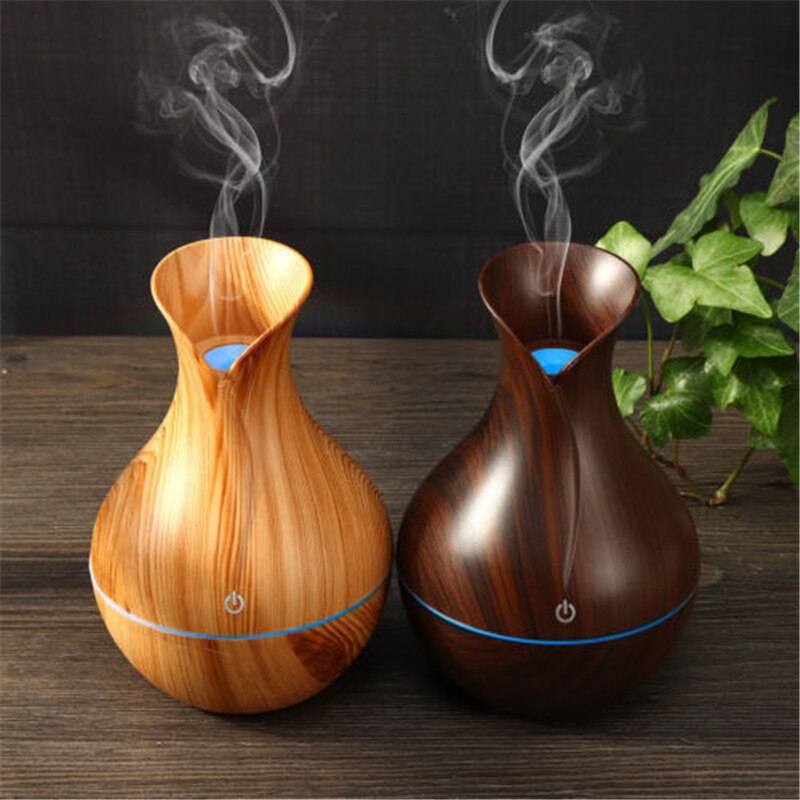 Essential Oil Diffuser with LED Night Light, Ultrasonic Aromatherapy Humidifier, Vase Shape Wood Grain Appearance Style