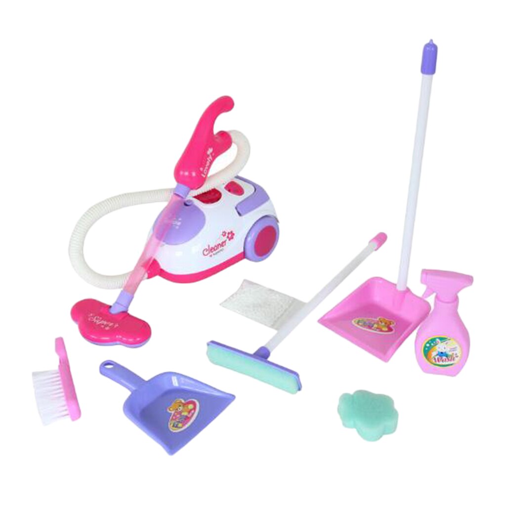 Pretend Play Housekeeping Cleaning Set Includes Electric Vacumn Cleaner Dustpan Duster Mop Sponge &amp; More (Set of 8)